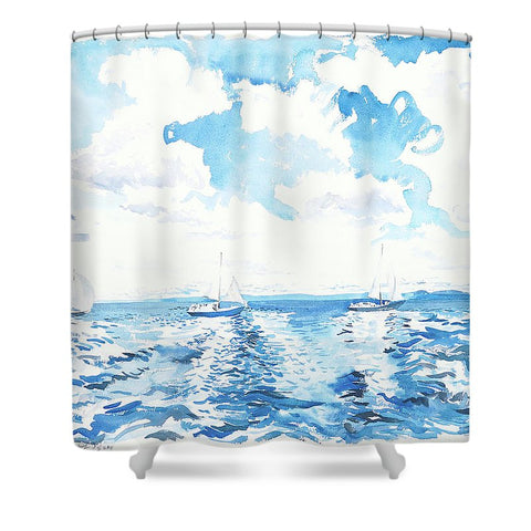 Three Sailboats and the Camden Hills - Shower Curtain